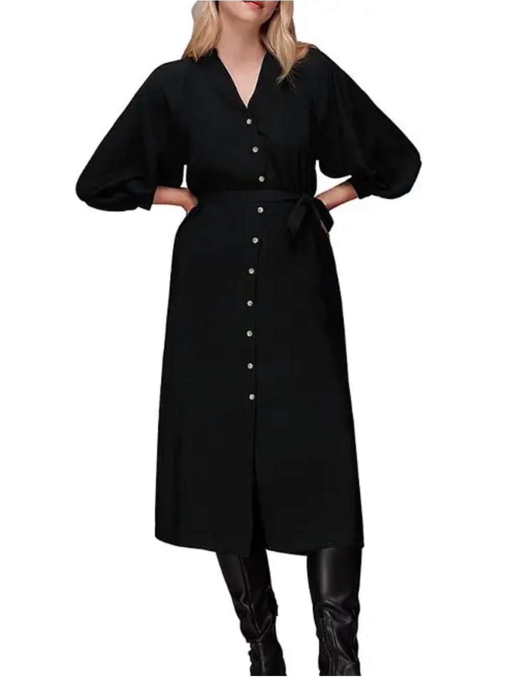 Whistles Black Button-Front Midi Dress